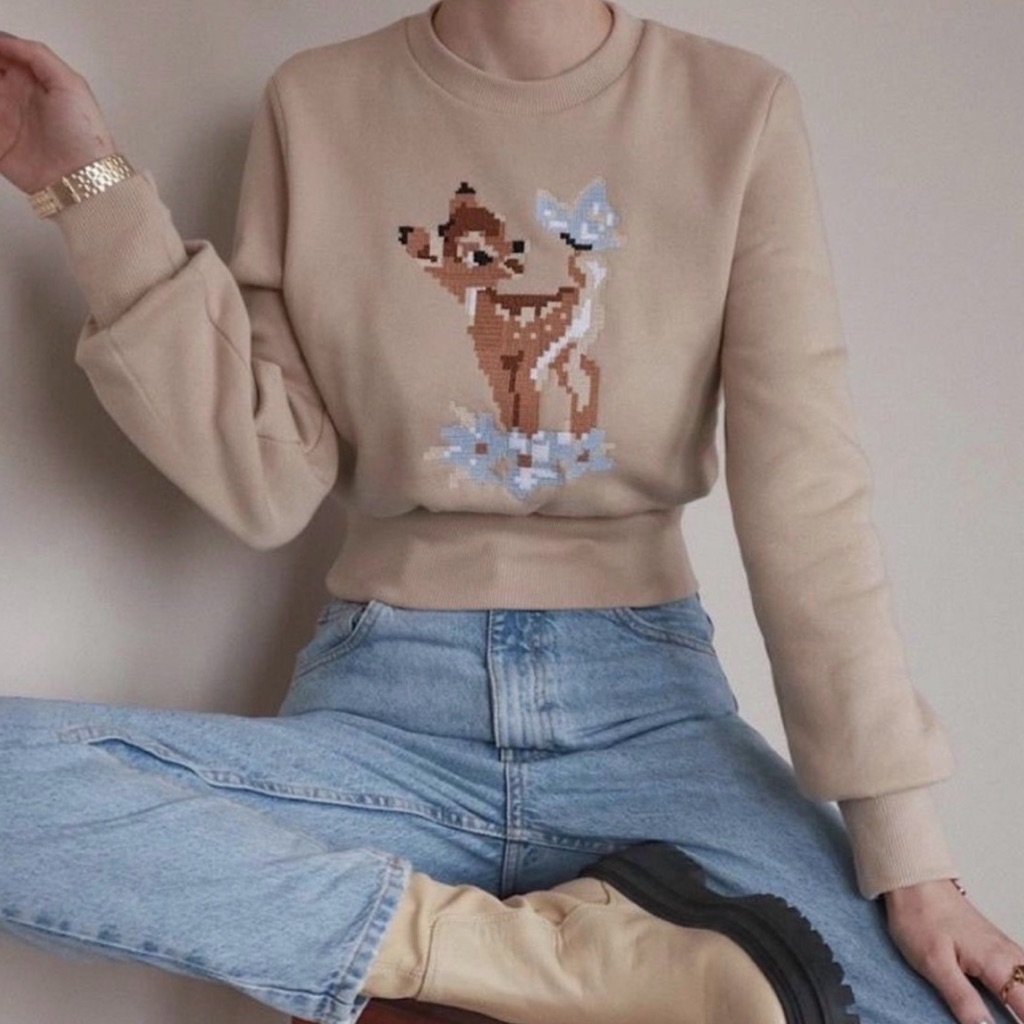 Zara Disney Embroidered Bambi Sweatshirt, Size S, Euc